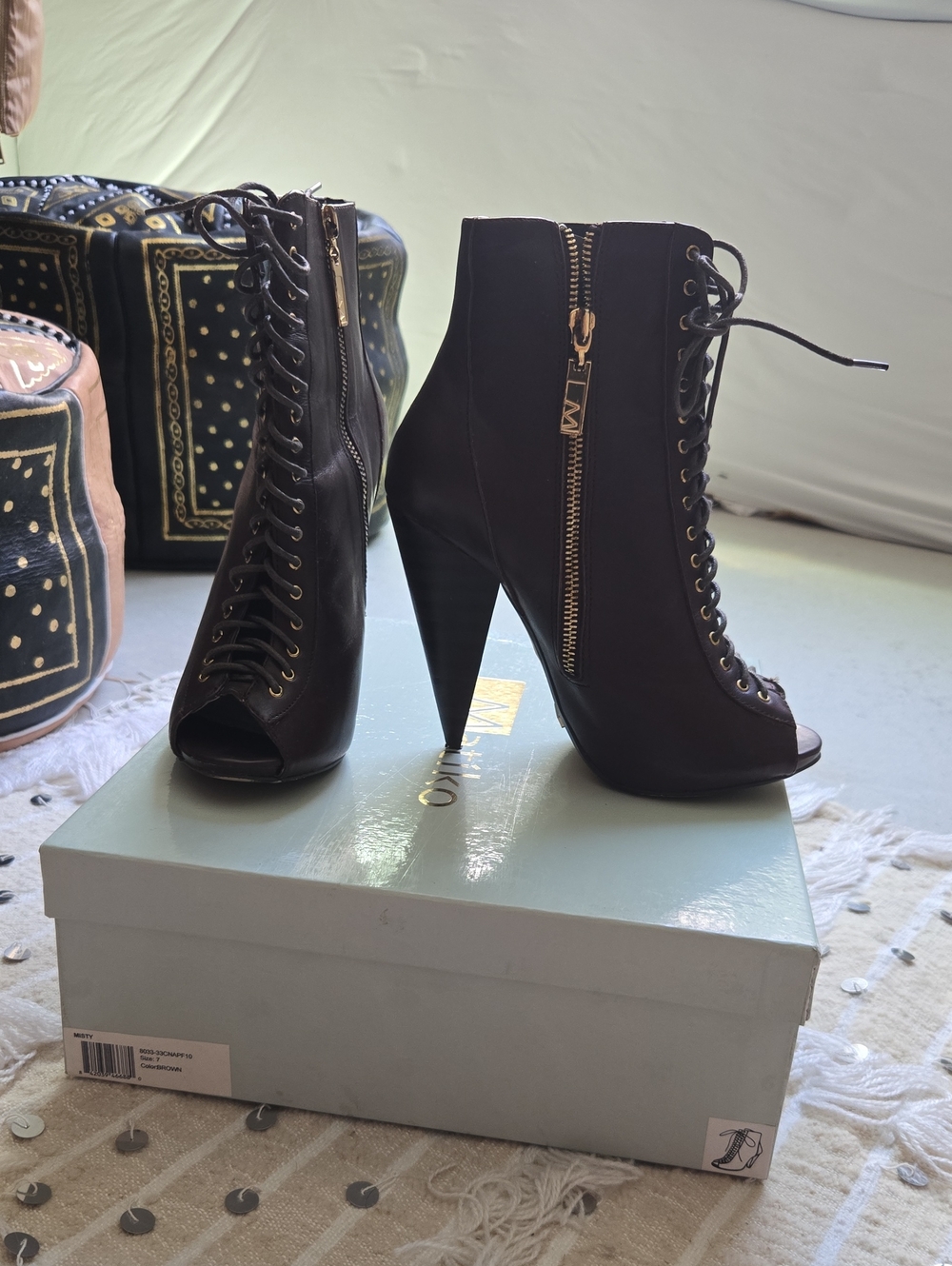 Matiko Black Lace-Up Peep Toe Ankle Booties with Side Zip